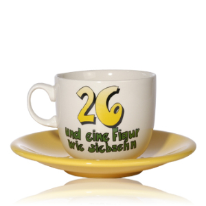 Happy Birthday Jumbotasse  Die Jumbo-Tasse (0,4 lt.) mit Geburtstagen von 1-90 mitUntertassen in verschiedenen Farben.